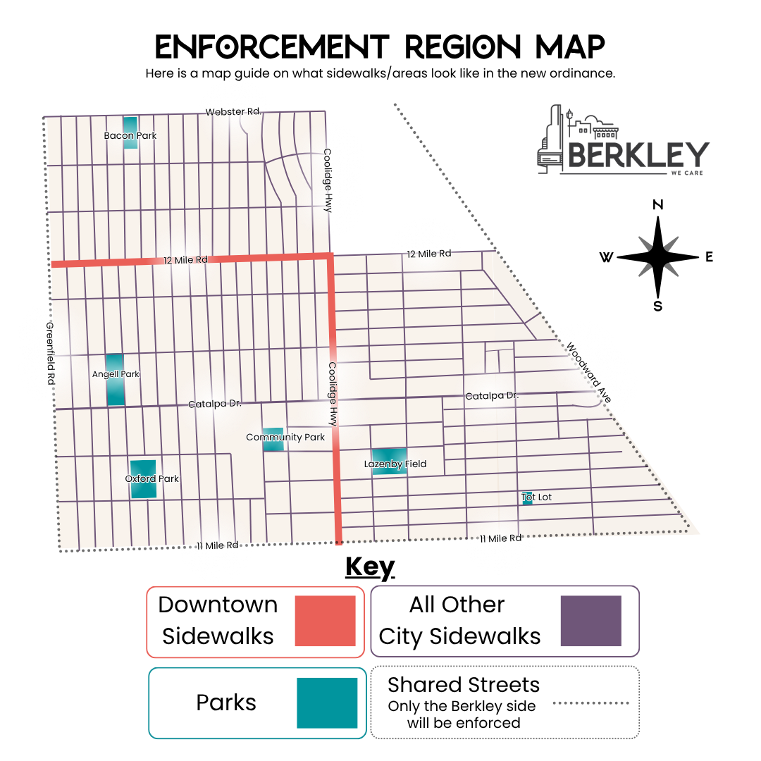 Enforcement Region Map displaying what is considered downtown sidewalks, parks, and all other city sidewalks